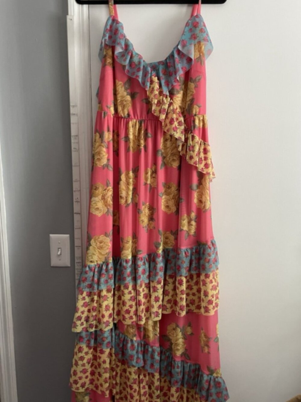 Torrid x Betsey Johnson Maxi Mesh Ruffle Dress Sz 2x Asymmetrical Tiered Floral